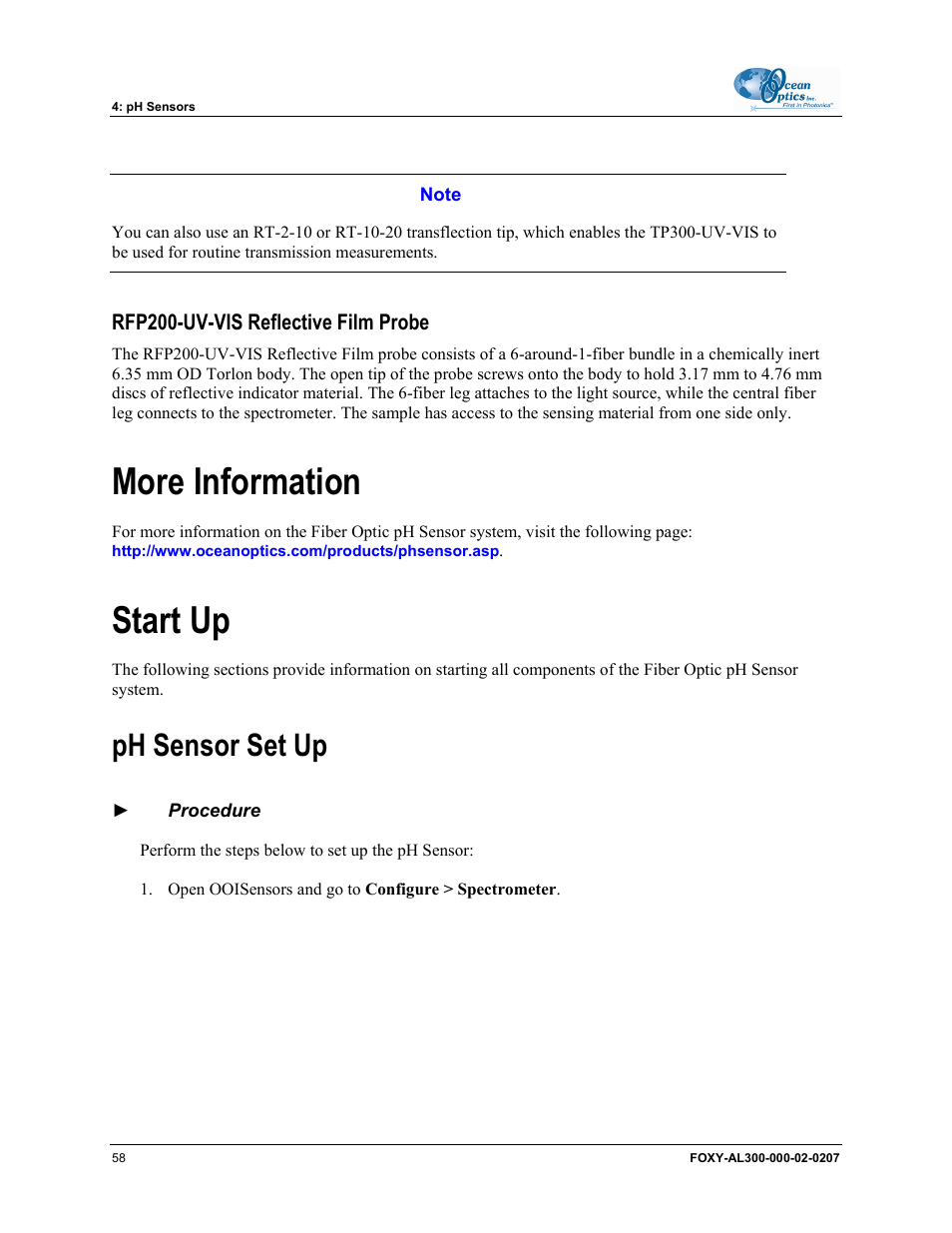 Rfp200-uv-vis reflective film probe, More information, Start up | Ph sensor set up, More information start up | Ocean Optics OOISensors User Manual | Page 68 / 138