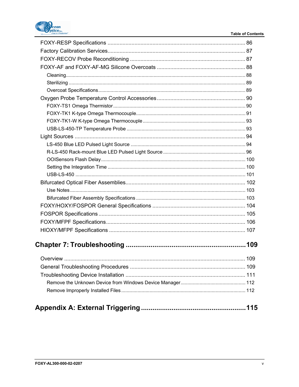 Chapter 7, Troubleshooting, Appendix a: external triggering | Ocean Optics OOISensors User Manual | Page 7 / 138