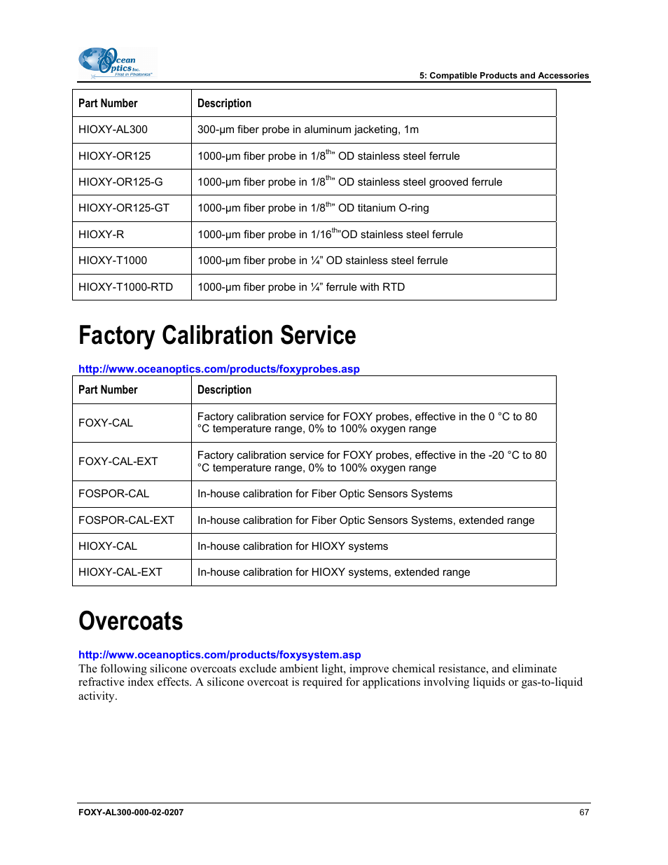 Factory calibration service, Overcoats, Factory calibration service overcoats | Ocean Optics OOISensors User Manual | Page 77 / 138