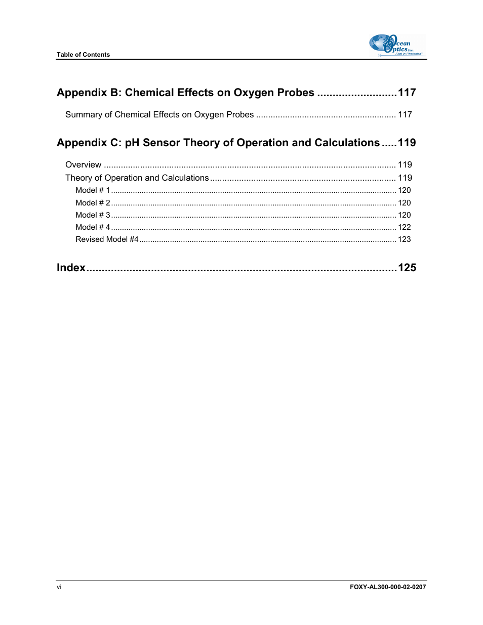 Appendix b: chemical effects on oxygen probes, Index | Ocean Optics OOISensors User Manual | Page 8 / 138