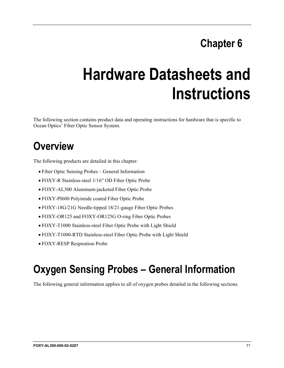Hardware datasheets and instructions, Overview, Oxygen sensing probes – general information | Chapter 6: hardware datasheets and instructions, Hardware datasheets and, Instructions, Chapter 6 | Ocean Optics OOISensors User Manual | Page 81 / 138