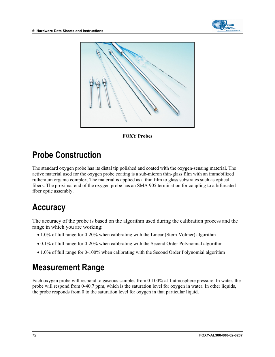 Probe construction, Accuracy, Measurement range | Ocean Optics OOISensors User Manual | Page 82 / 138