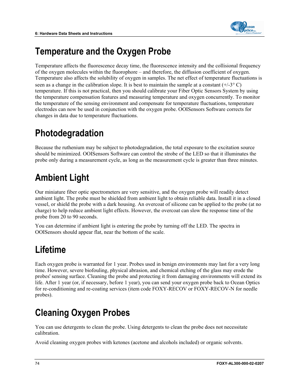 Temperature and the oxygen probe, Photodegradation, Ambient light | Lifetime, Cleaning oxygen probes | Ocean Optics OOISensors User Manual | Page 84 / 138