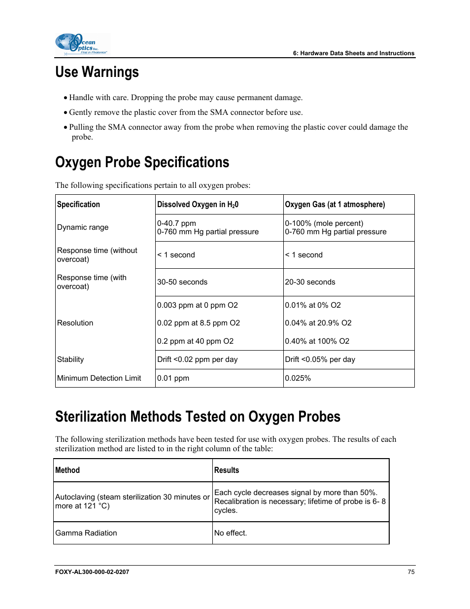 Use warnings, Oxygen probe specifications, Sterilization methods tested on oxygen probes | Ocean Optics OOISensors User Manual | Page 85 / 138