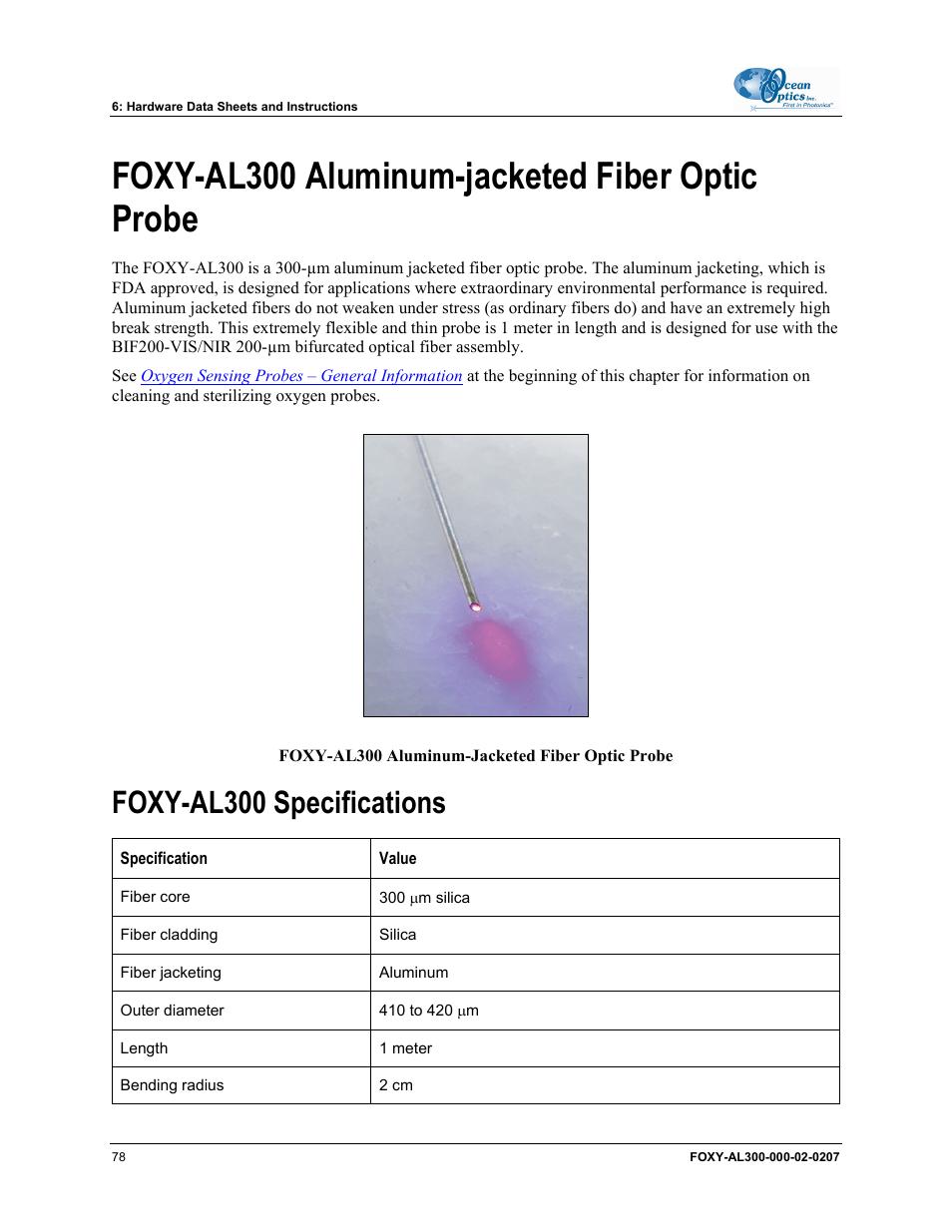 Foxy-al300 aluminum-jacketed fiber optic probe, Foxy-al300 specifications | Ocean Optics OOISensors User Manual | Page 88 / 138