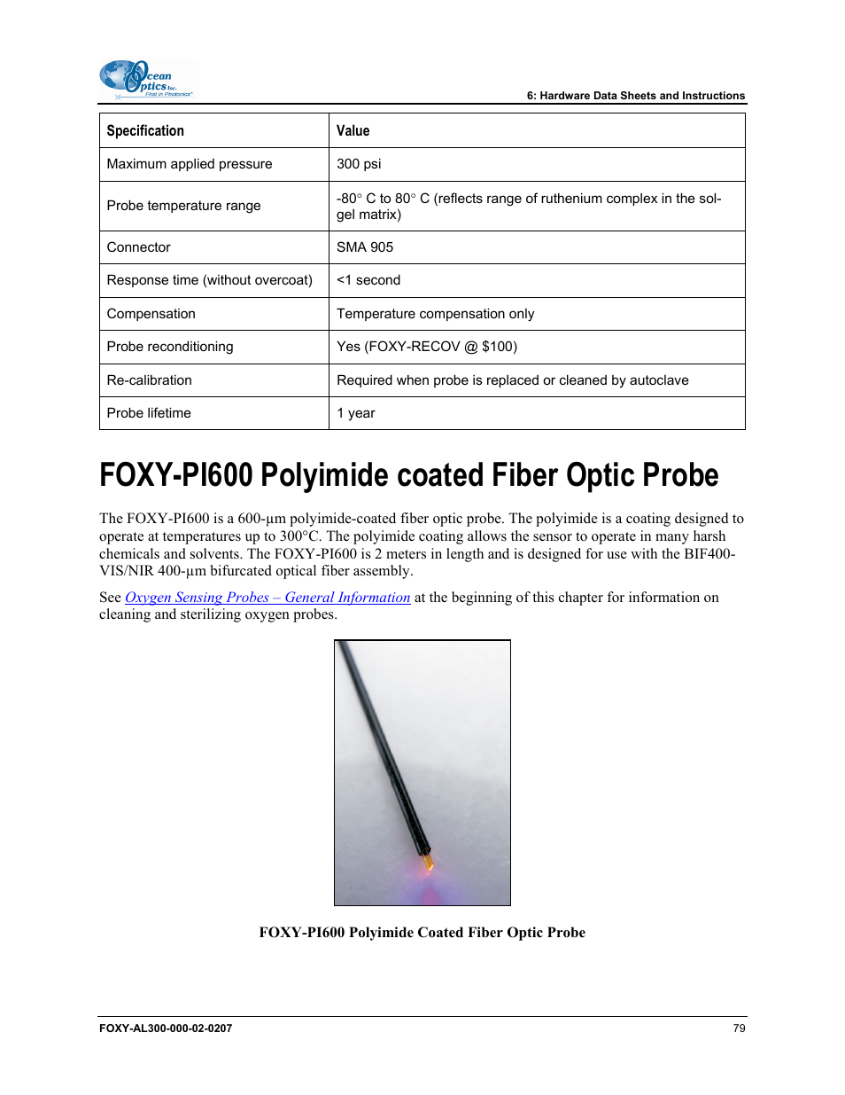 Foxy-pi600 polyimide coated fiber optic probe | Ocean Optics OOISensors User Manual | Page 89 / 138