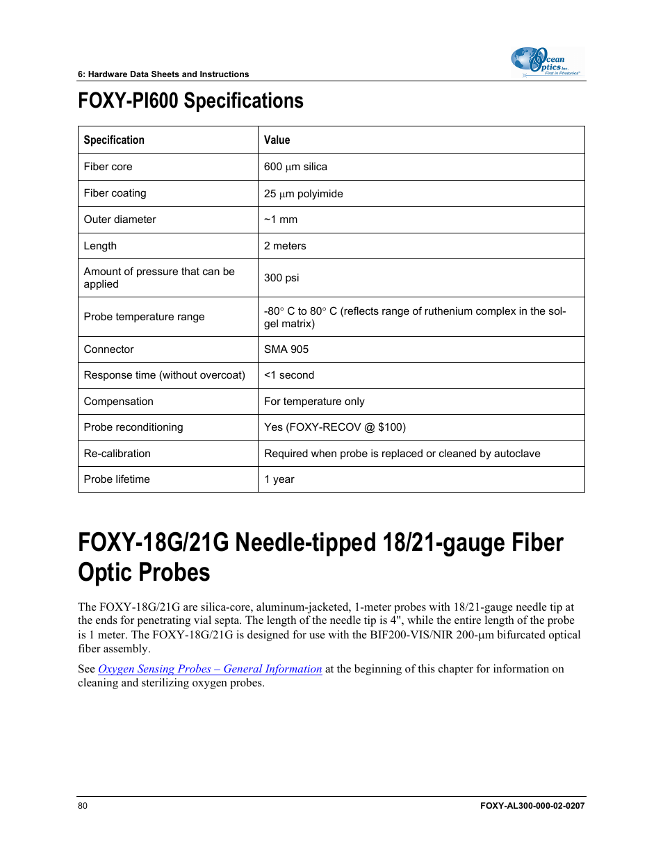 Foxy-pi600 specifications | Ocean Optics OOISensors User Manual | Page 90 / 138