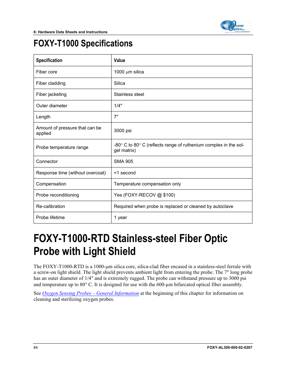 Foxy-t1000 specifications | Ocean Optics OOISensors User Manual | Page 94 / 138