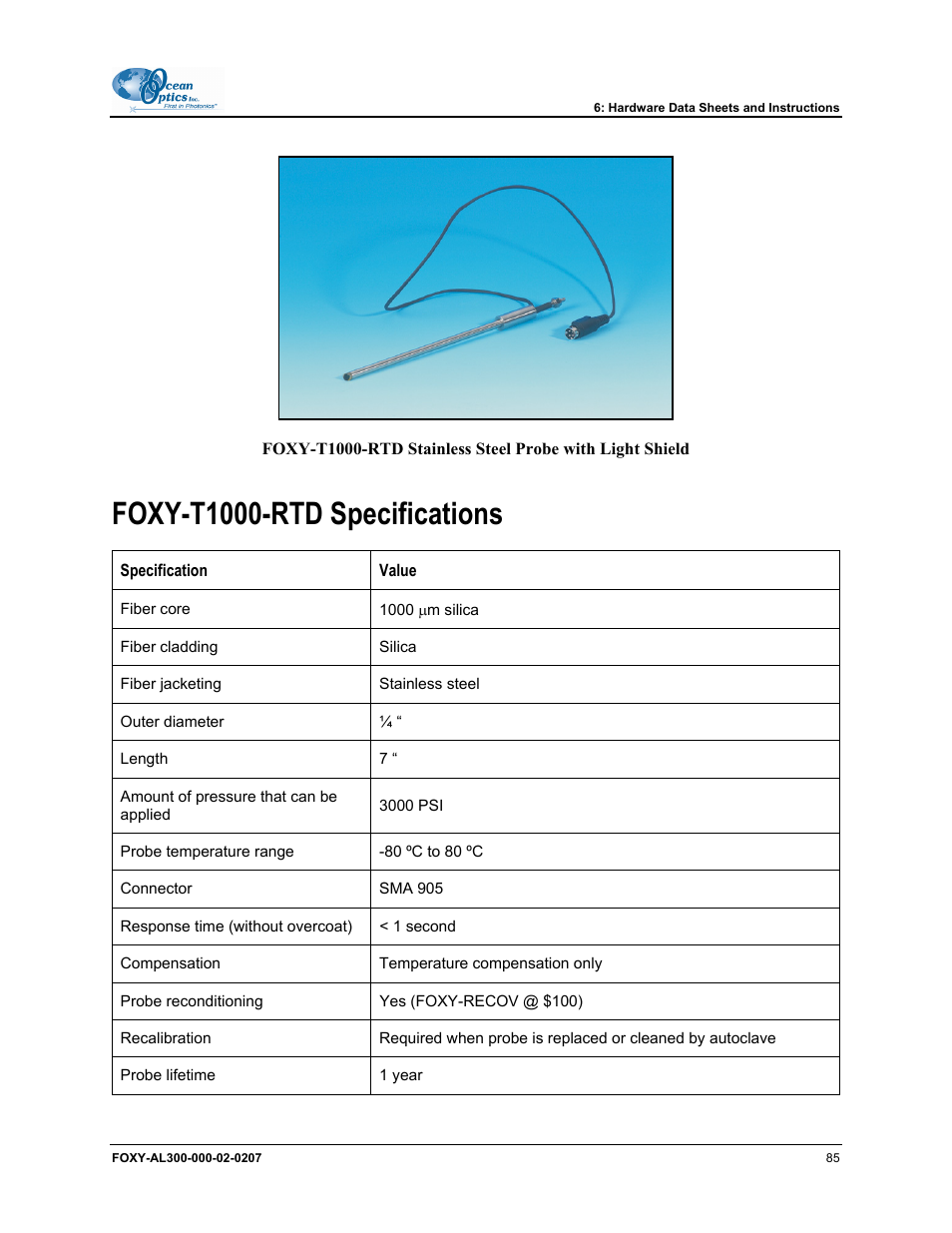 Foxy-t1000-rtd specifications | Ocean Optics OOISensors User Manual | Page 95 / 138