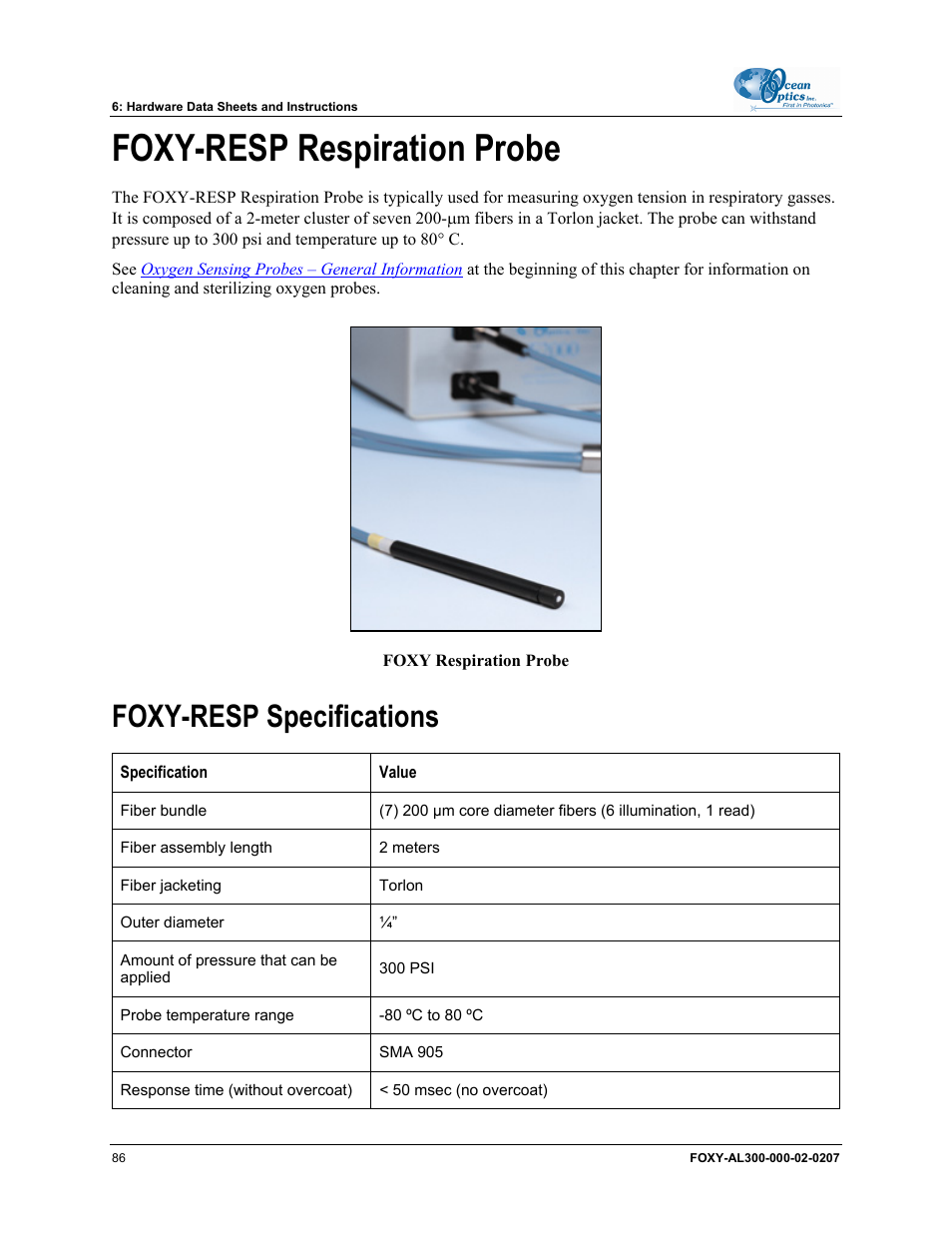 Foxy-resp respiration probe, Foxy-resp specifications | Ocean Optics OOISensors User Manual | Page 96 / 138