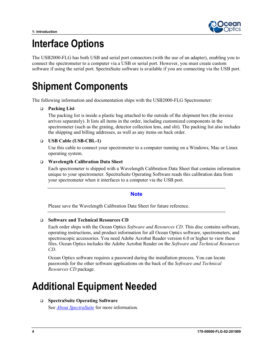 Interface options, Shipment components, Additional equipment needed | Ocean Optics USB2000-FLG User Manual | Page 10 / 34