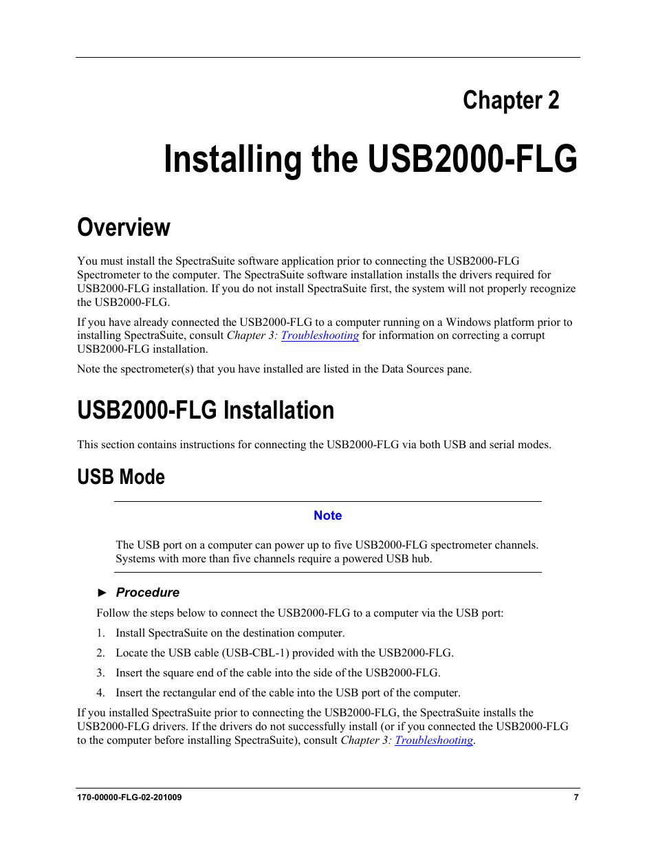 Chapter 2: installing the usb2000-flg, Overview usb2000-flg installation, Usb mode | Chapter 2, Installing the usb2000, Installing the usb2000-flg, Overview, Usb2000-flg installation | Ocean Optics USB2000-FLG User Manual | Page 13 / 34