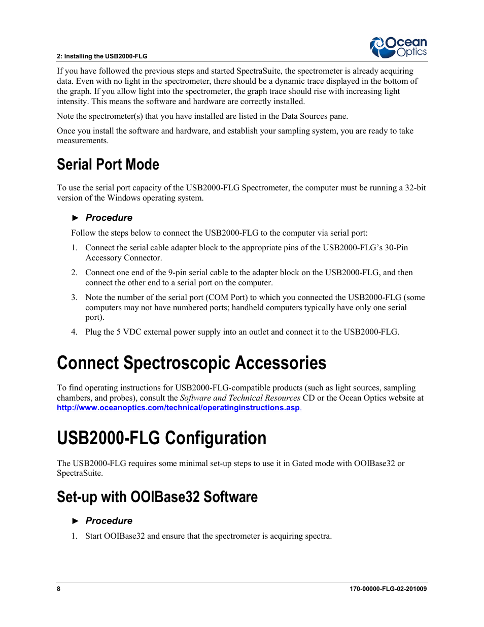 Serial port mode, Set-up with ooibase32 software, Connect spectroscopic accessories | Usb2000-flg configuration | Ocean Optics USB2000-FLG User Manual | Page 14 / 34