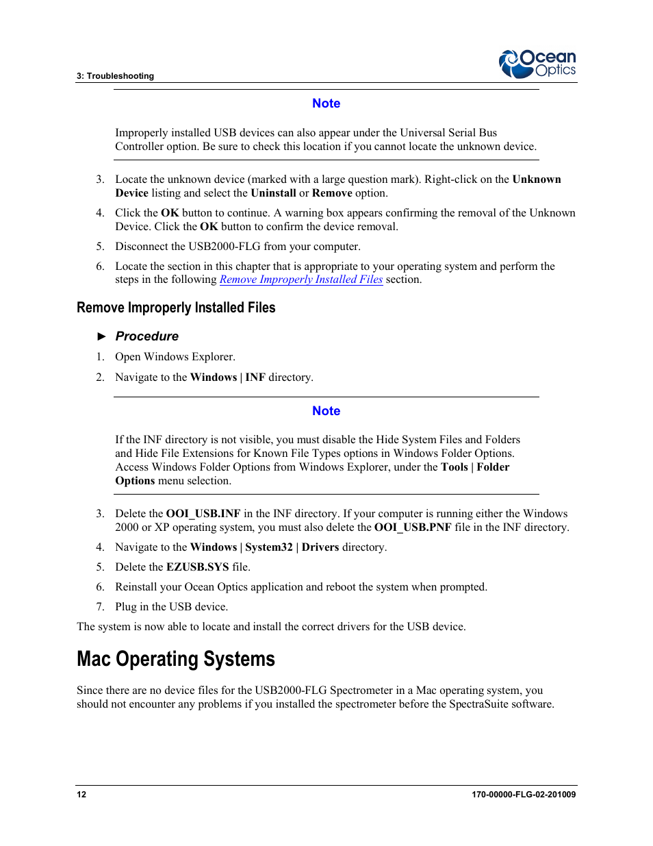 Remove improperly installed files, Mac operating systems | Ocean Optics USB2000-FLG User Manual | Page 18 / 34