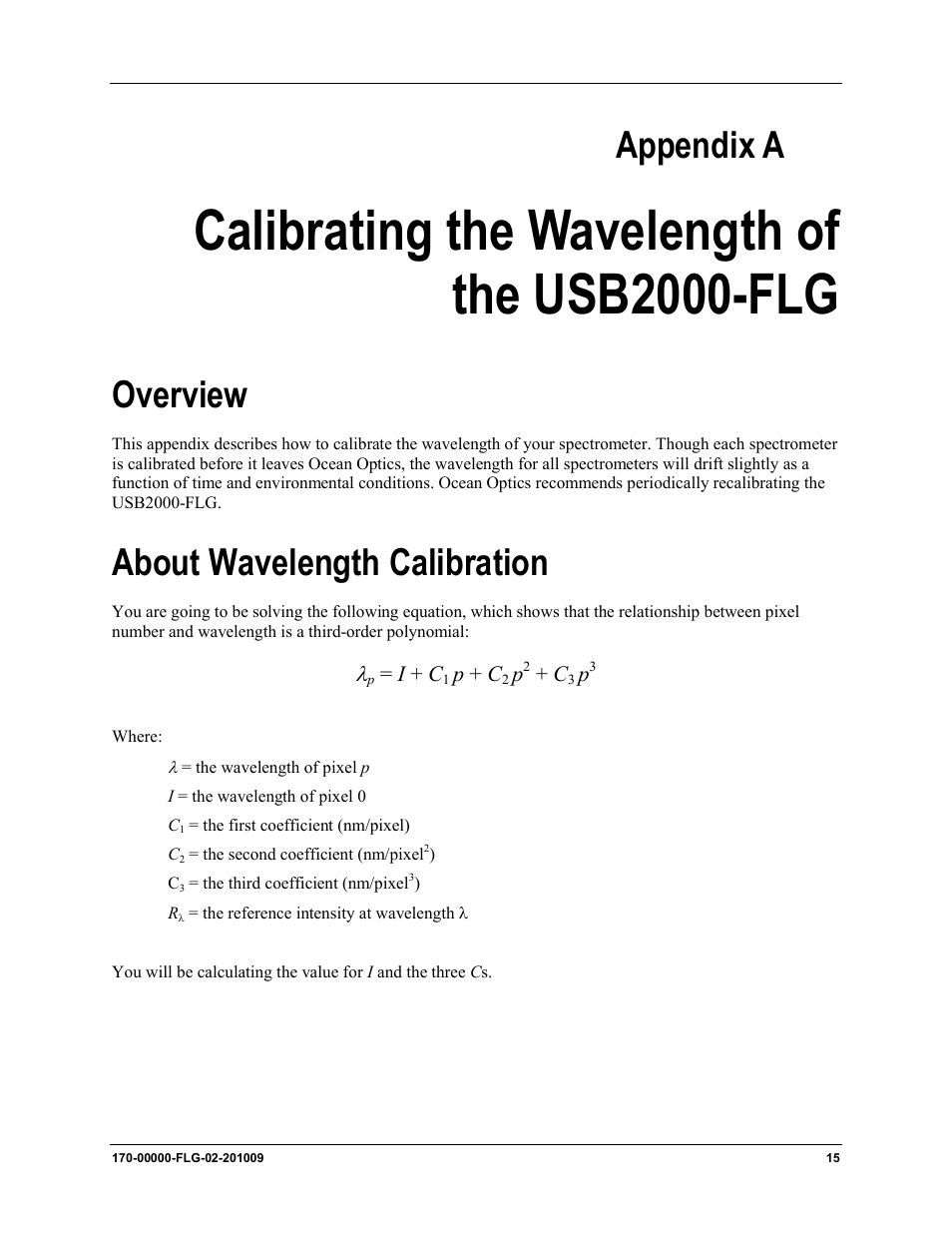 Calibrating the wavelength of the usb2000-flg, Overview about wavelength calibration, Calibrating the | Wavelength of the usb2000-flg, Appendix a, Overview, About wavelength calibration | Ocean Optics USB2000-FLG User Manual | Page 21 / 34