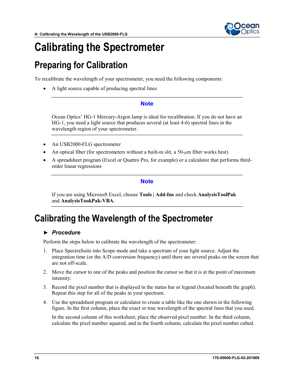 Calibrating the spectrometer, Preparing for calibration, Calibrating the wavelength of the spectrometer | Ocean Optics USB2000-FLG User Manual | Page 22 / 34