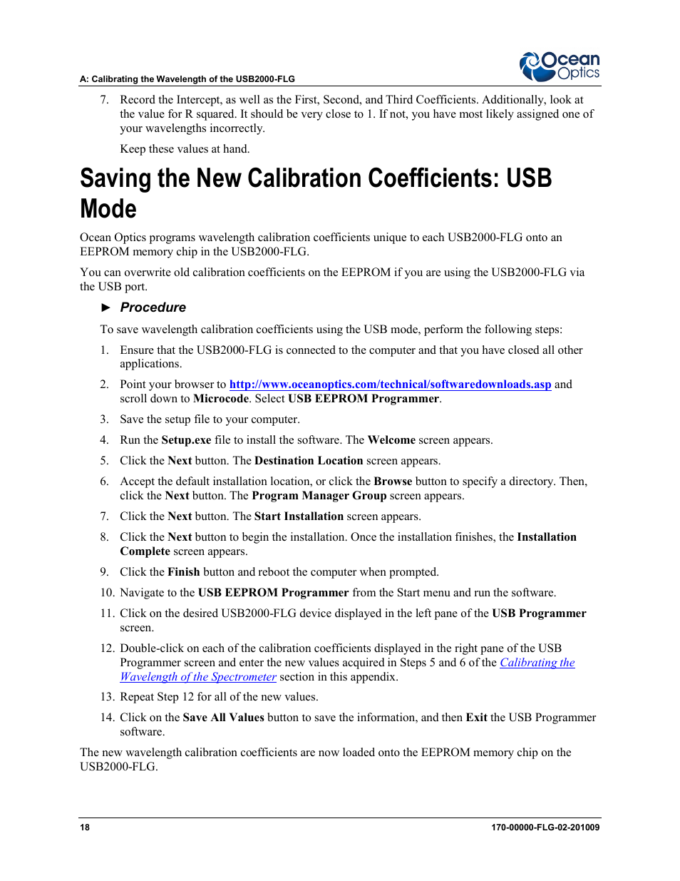 Saving the new calibration coefficients: usb mode | Ocean Optics USB2000-FLG User Manual | Page 24 / 34