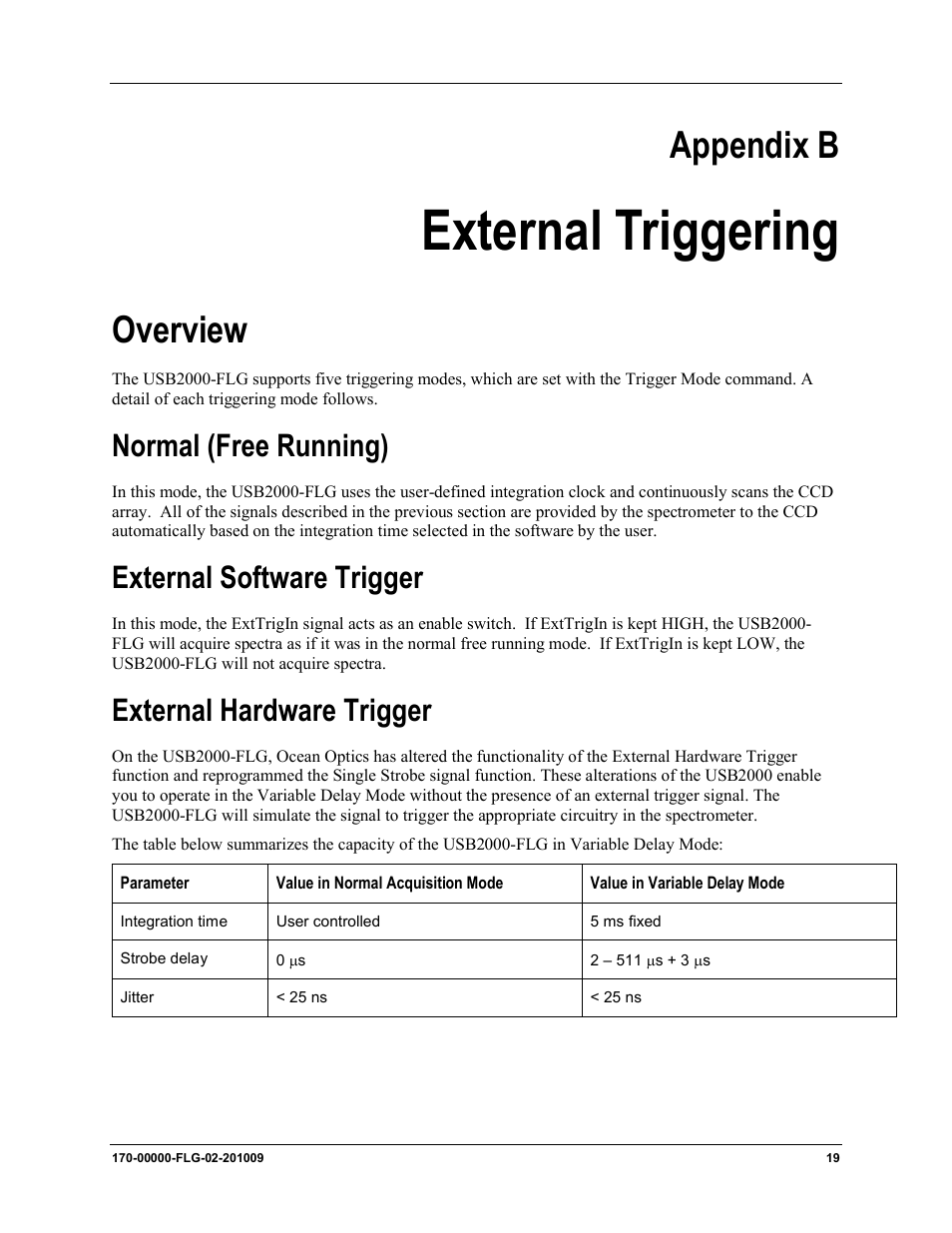 External triggering, Overview, De. see | External hardware, Trigger, For more info, Appendix b, Normal (free running), External software trigger, External hardware trigger | Ocean Optics USB2000-FLG User Manual | Page 25 / 34