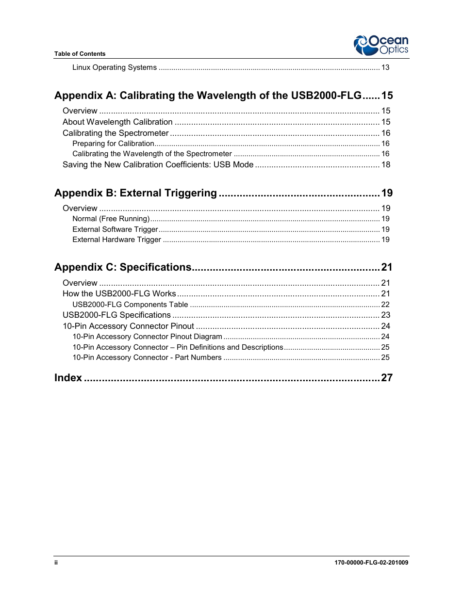 Appendix b: external triggering, Appendix c: specifications, Index | Ocean Optics USB2000-FLG User Manual | Page 4 / 34