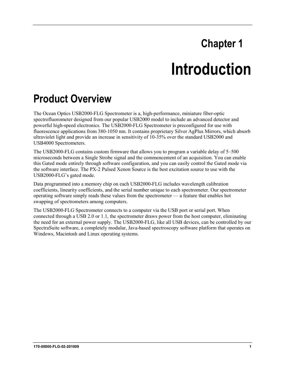 Chapter 1: introduction, Product overview, Chapter 1 | Introduction | Ocean Optics USB2000-FLG User Manual | Page 7 / 34