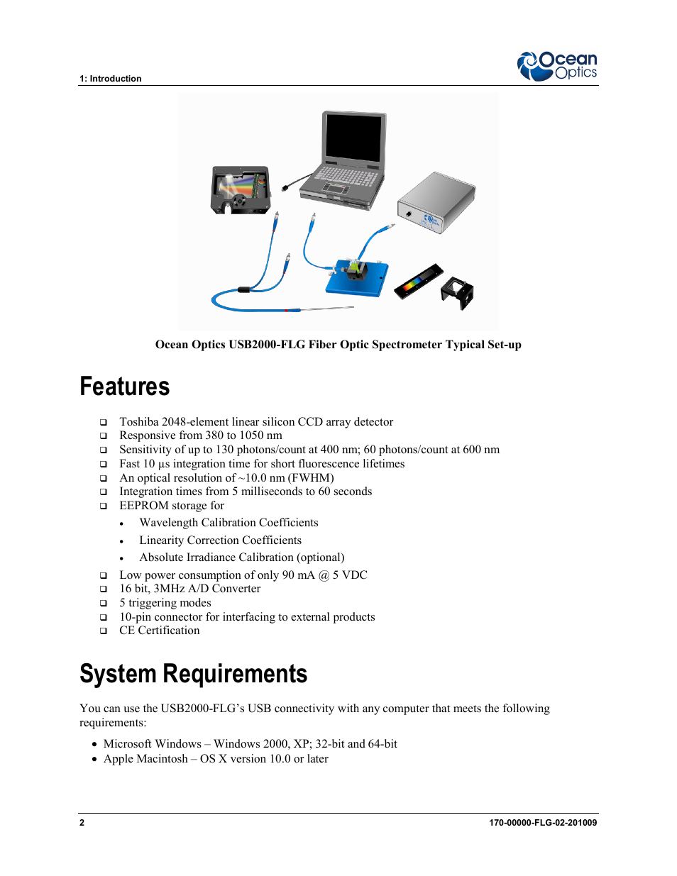 Features system requirements, Eeprom utilization, Features | System requirements | Ocean Optics USB2000-FLG User Manual | Page 8 / 34