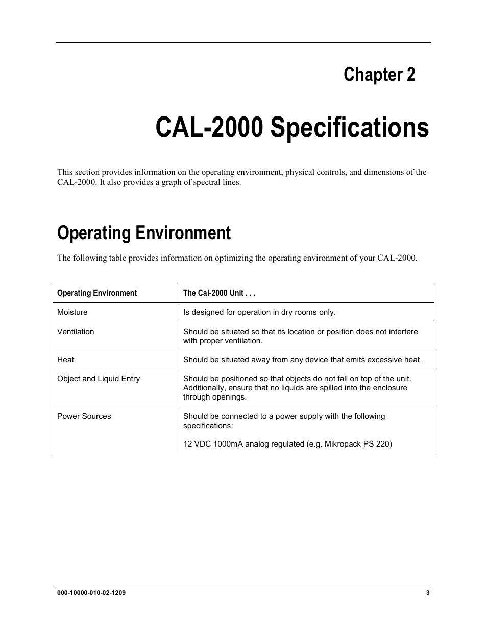 Chapter 2, Cal-2000 specifications, Operating environment | Ocean Optics CAL-2000 User Manual | Page 13 / 20