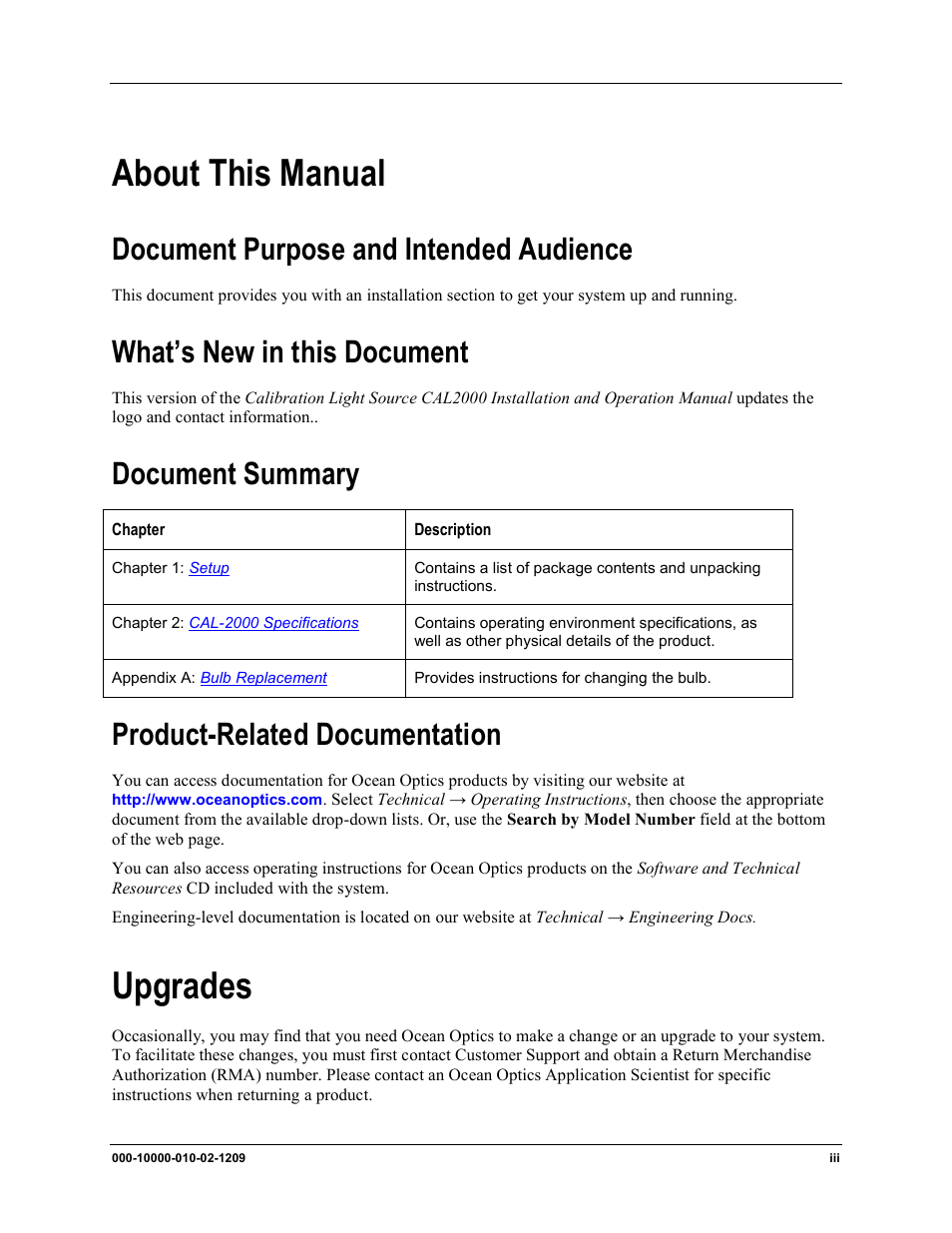 About this manual, Upgrades, Document purpose and intended audience | What’s new in this document, Document summary, Product-related documentation | Ocean Optics CAL-2000 User Manual | Page 9 / 20