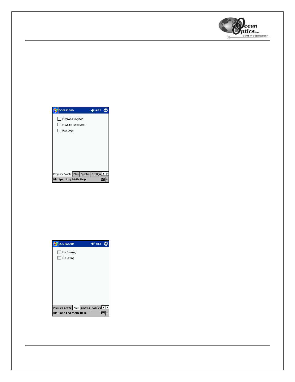 Application log, Enable, Configure | Program events tab, Files tab | Ocean Optics OOIPS2000 User Manual | Page 18 / 50