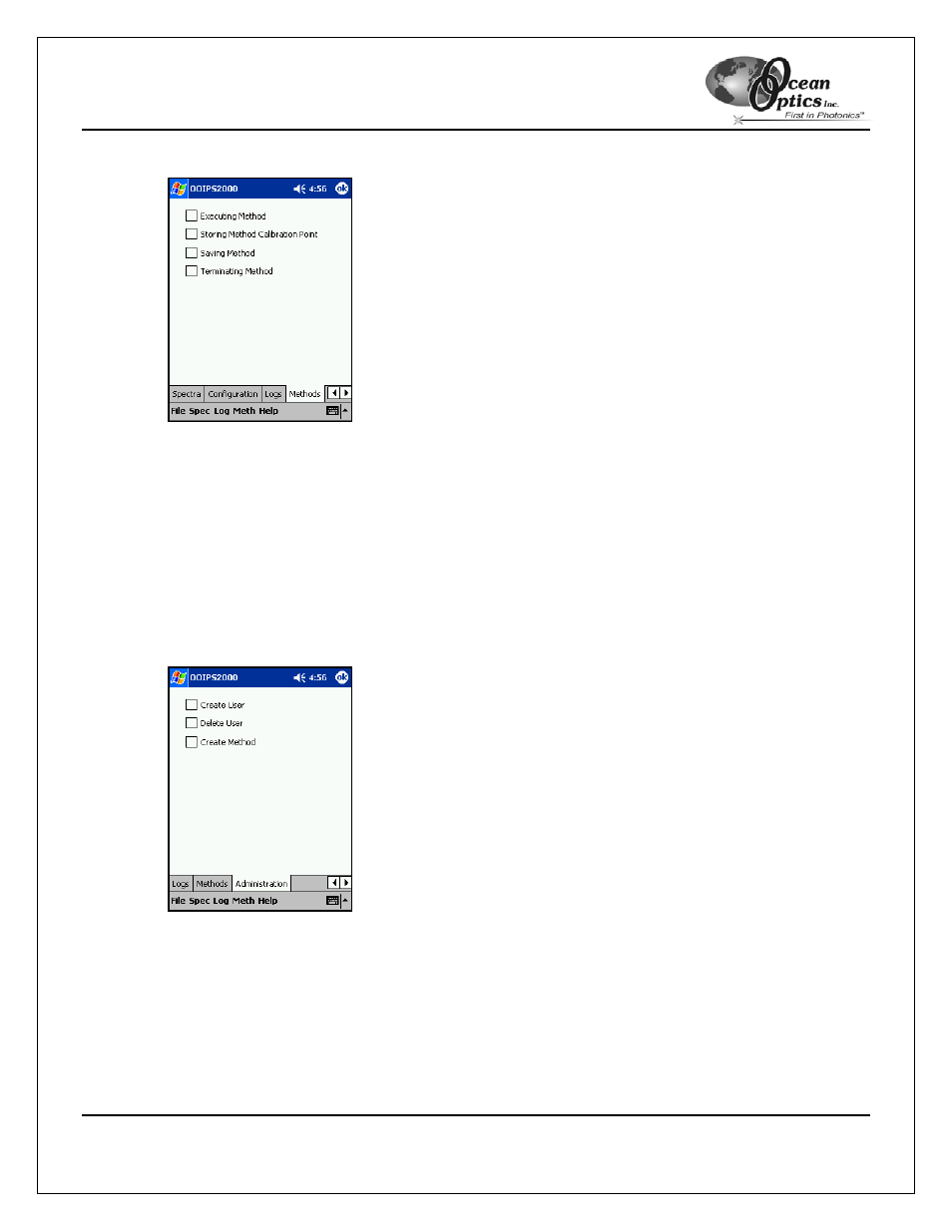 Methods tab, Administration tab | Ocean Optics OOIPS2000 User Manual | Page 21 / 50