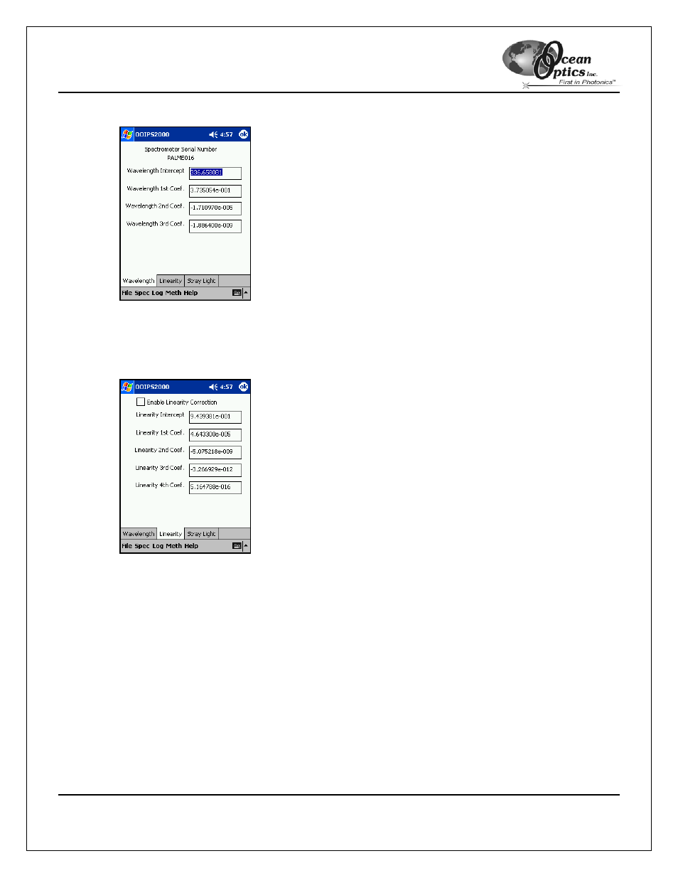 Wavelength tab, Linearity tab | Ocean Optics OOIPS2000 User Manual | Page 26 / 50