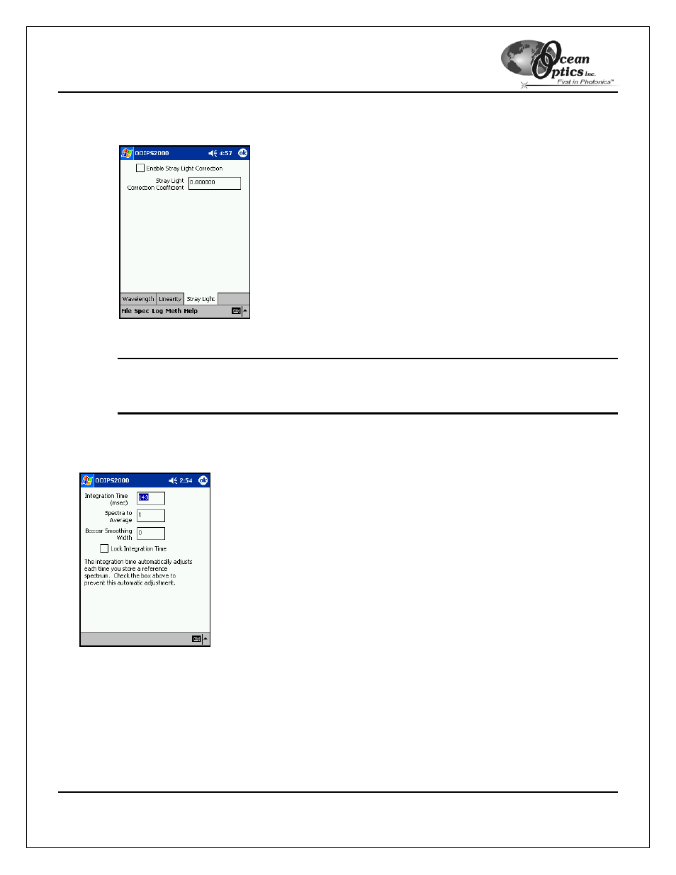 Stray light tab, Data acquisition, Integration time (msec) | Ocean Optics OOIPS2000 User Manual | Page 27 / 50