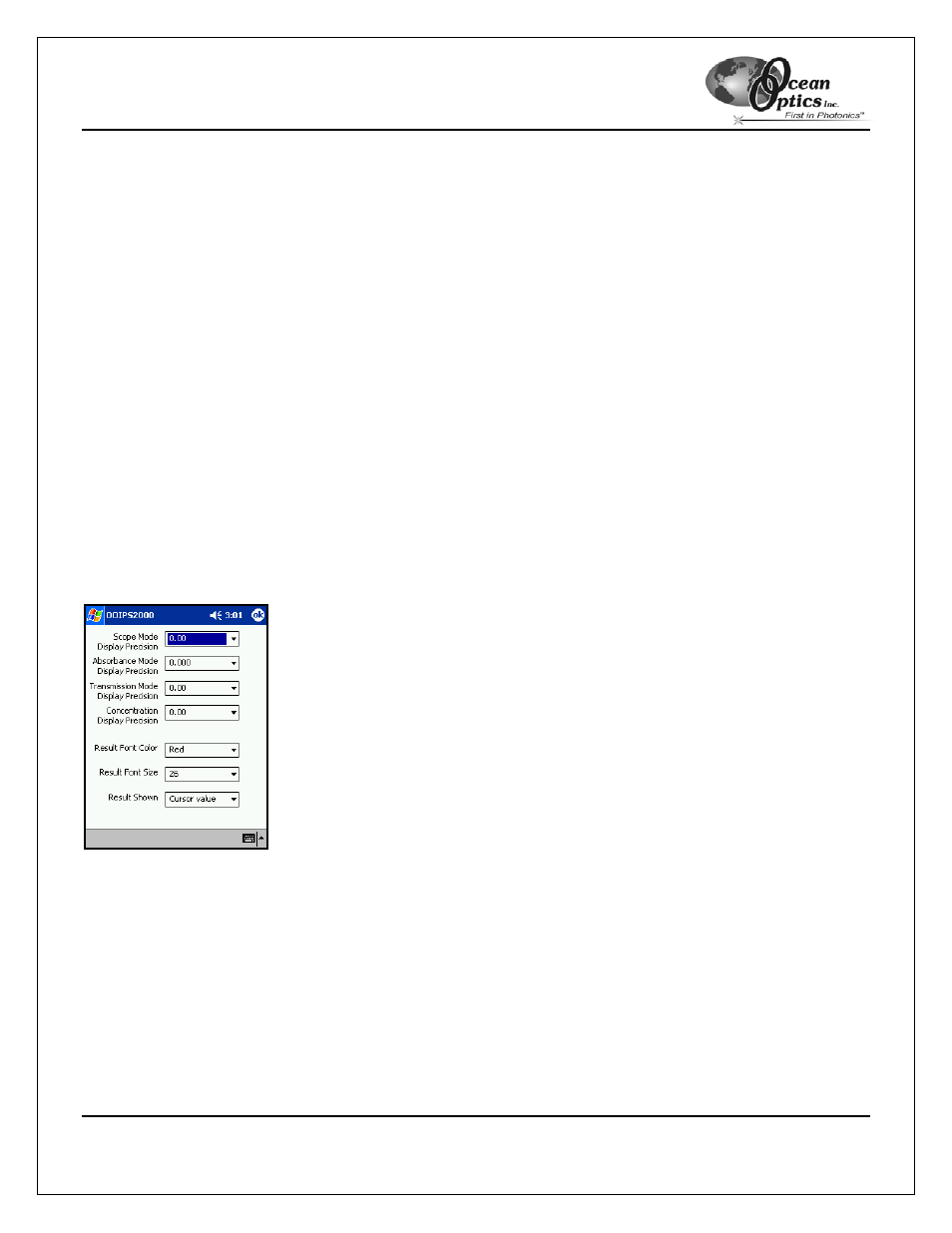 Spectra to average, Boxcar smoothing width, Lock integration time | Configure data display, Scope mode display precision, Absorbance mode display precision, Transmission mode display precision | Ocean Optics OOIPS2000 User Manual | Page 28 / 50