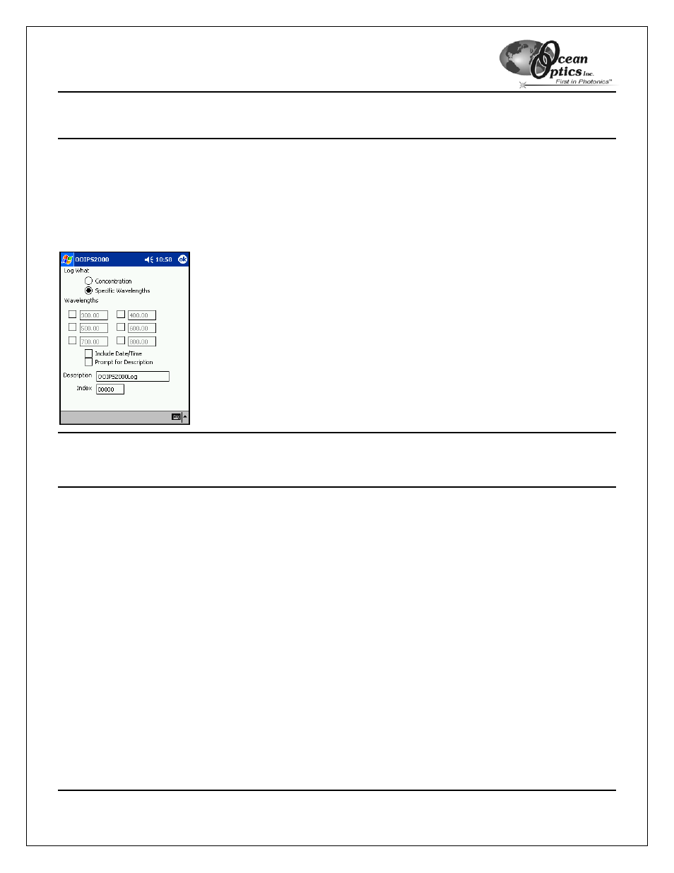 Log menu functions, Configure, Concentration | Log specific wavelength, Wavelengths, Include date/time | Ocean Optics OOIPS2000 User Manual | Page 32 / 50