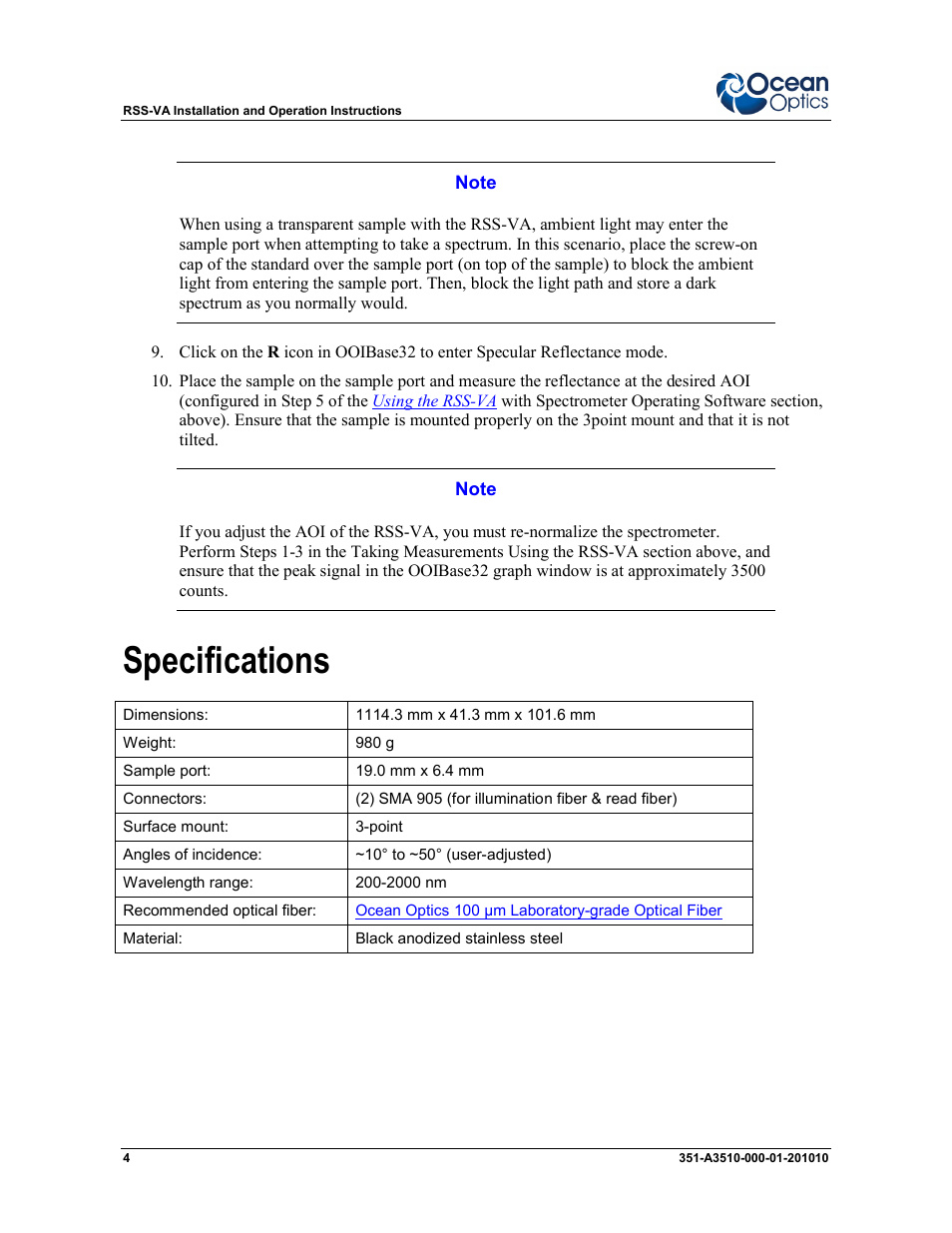 Specifications | Ocean Optics RSS-VA User Manual | Page 4 / 4