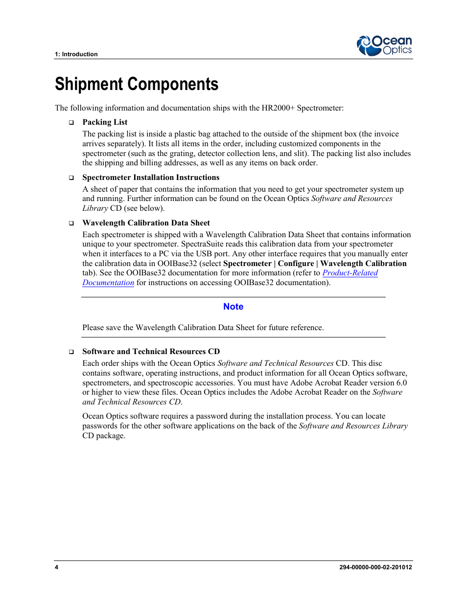 Shipment components | Ocean Optics HR2000+ Install User Manual | Page 10 / 34