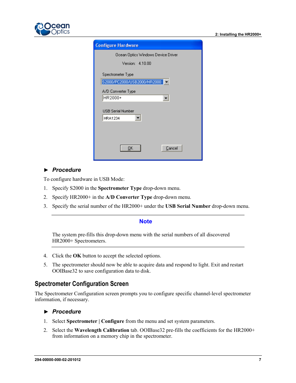 Spectrometer configuration screen | Ocean Optics HR2000+ Install User Manual | Page 13 / 34