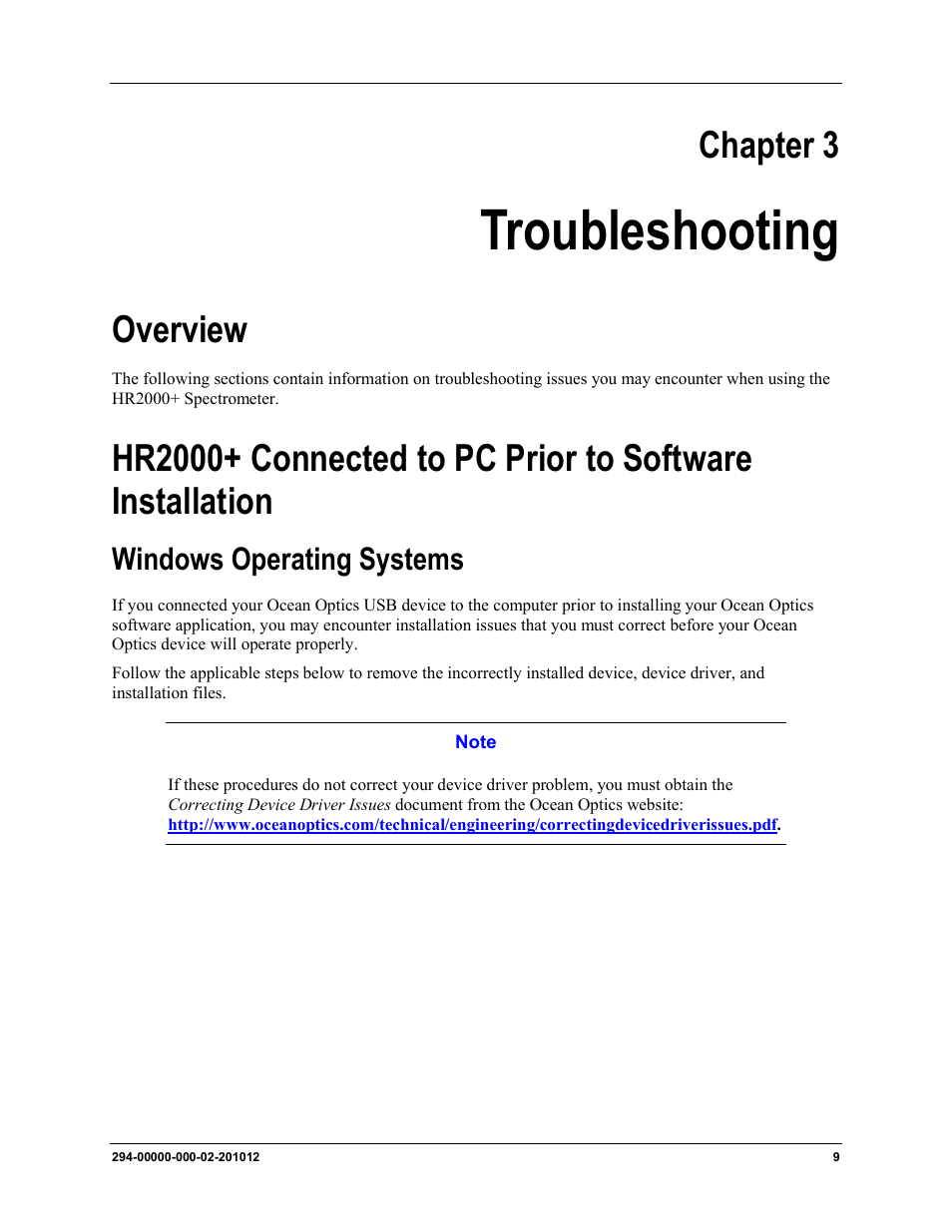 Chapter 3: troubleshooting, Windows operating systems, Chapter 3 | Troubleshooting, For inform, Overview | Ocean Optics HR2000+ Install User Manual | Page 15 / 34