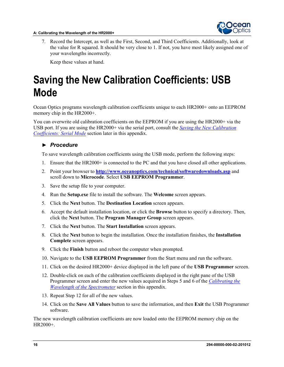 Saving the new calibration coefficients: usb mode | Ocean Optics HR2000+ Install User Manual | Page 22 / 34