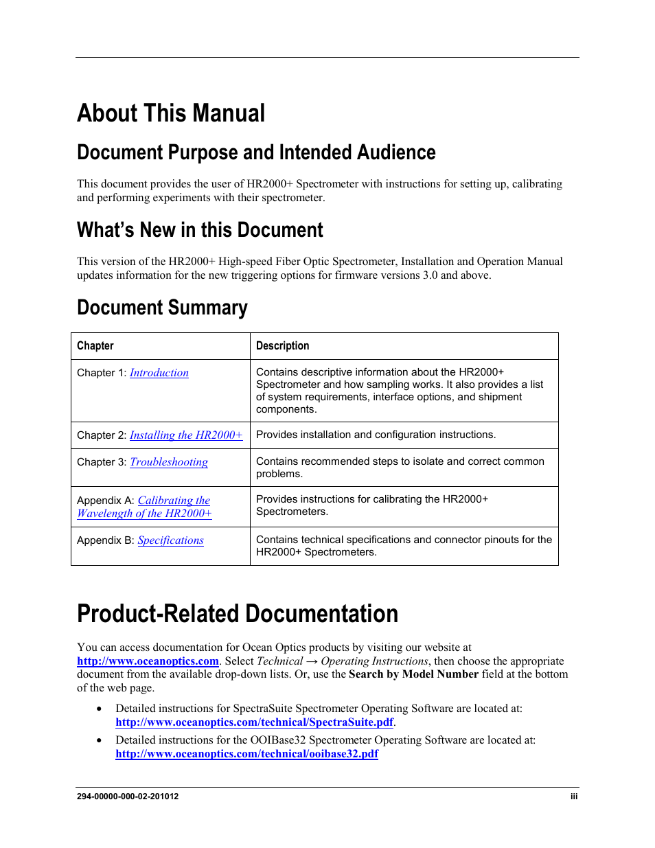 About this manual, Product-related documentation, Document purpose and intended audience | What’s new in this document, Document summary | Ocean Optics HR2000+ Install User Manual | Page 5 / 34