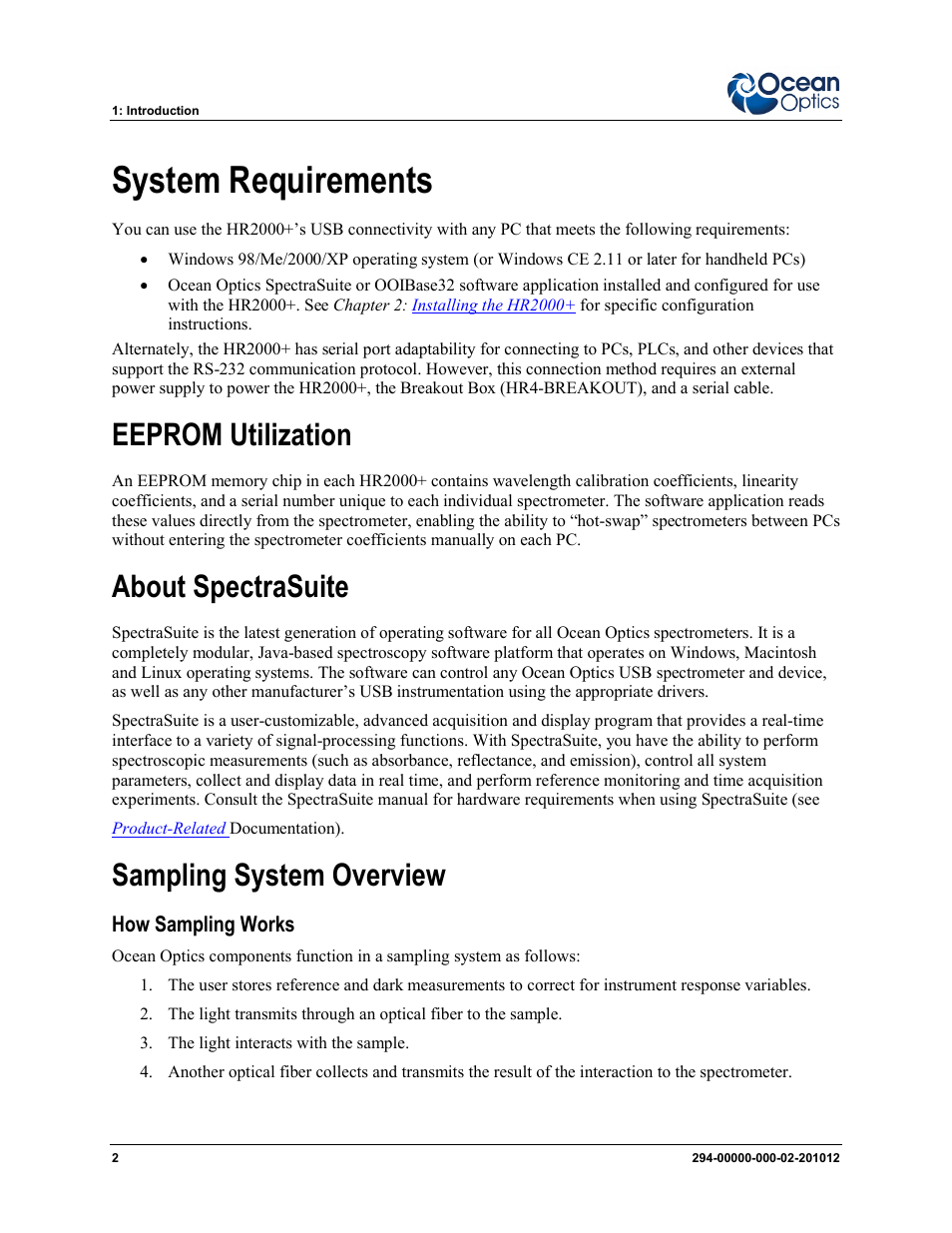 System requirements, How sampling works, Eeprom utilization | About spectrasuite, Sampling system overview | Ocean Optics HR2000+ Install User Manual | Page 8 / 34