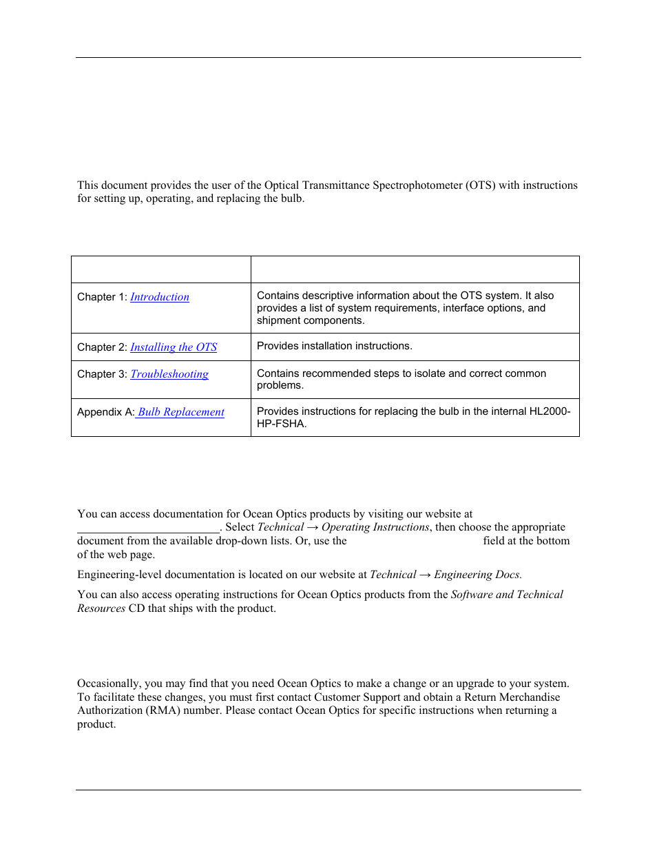 About this manual, Document purpose and intended audience, Document summary | Product-related documentation, Upgrades | Ocean Optics OTS User Manual | Page 5 / 24