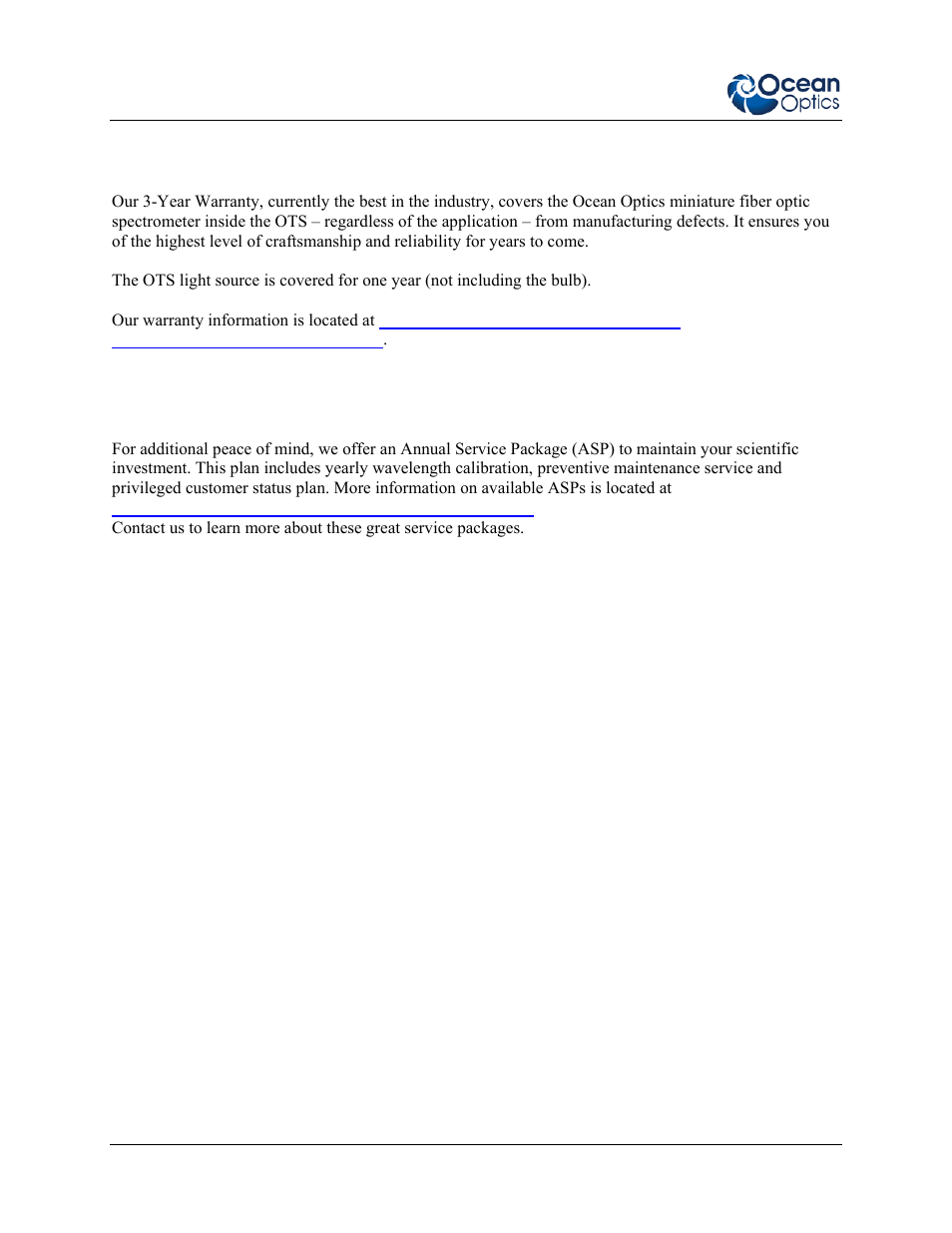 Warranty, Service | Ocean Optics OTS User Manual | Page 6 / 24