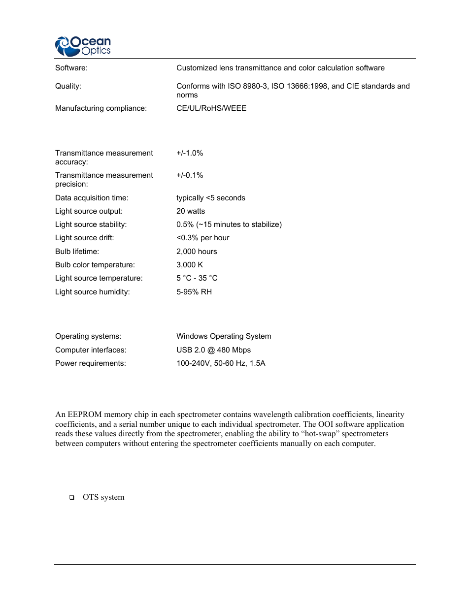 Performance, Computer & power requirements, Eeprom utilization | Shipment components | Ocean Optics OTS User Manual | Page 9 / 24