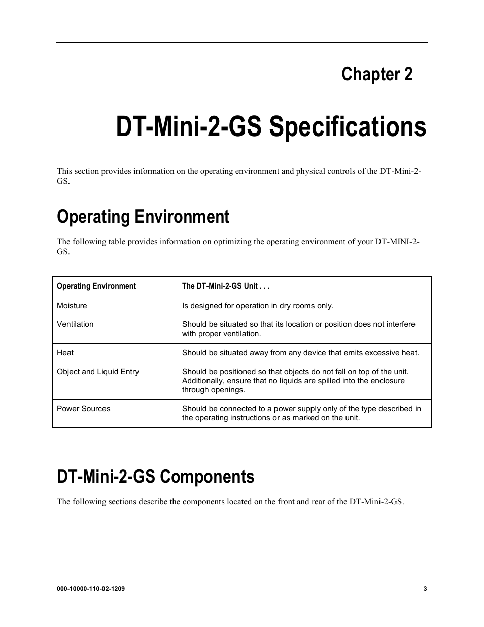 Chapter 2, Dt-mini-2-gs specifications, Operating environment | Dt-mini-2-gs components | Ocean Optics DT-Mini-2-GS User Manual | Page 11 / 18