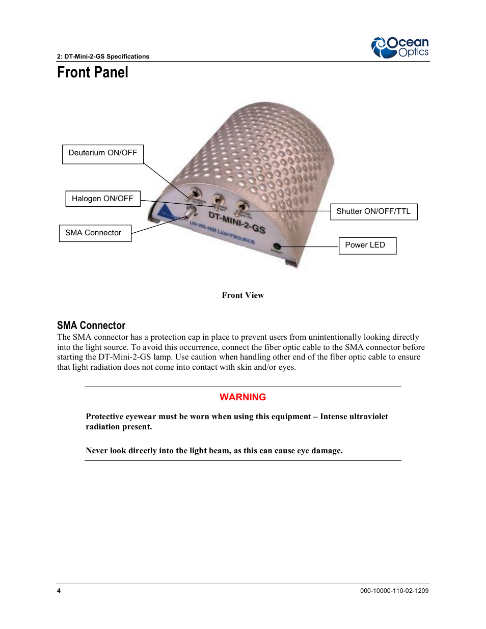 Front panel, Sma connector | Ocean Optics DT-Mini-2-GS User Manual | Page 12 / 18