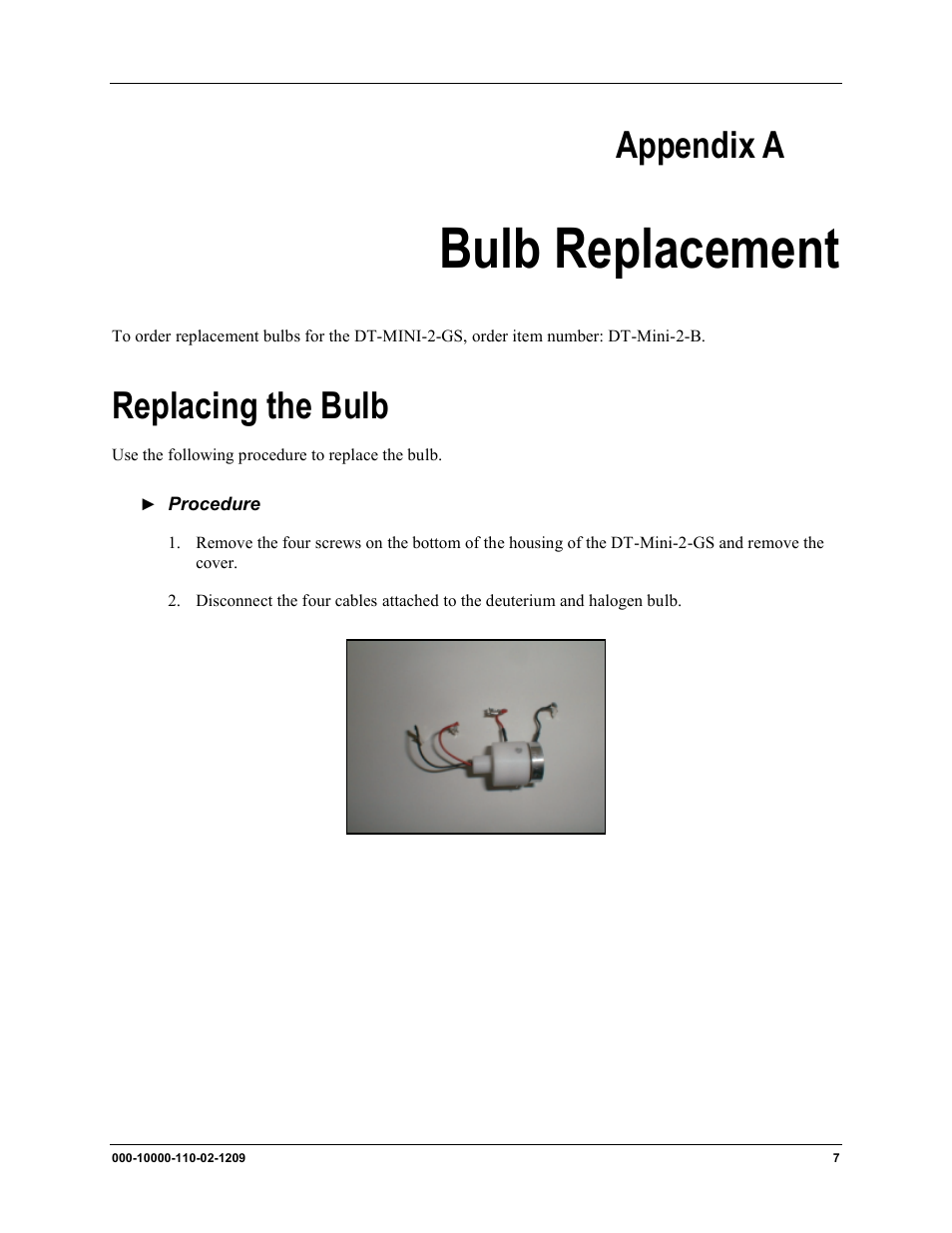 Bulb replacement, Appendix a, Replacing the bulb | Ocean Optics DT-Mini-2-GS User Manual | Page 15 / 18