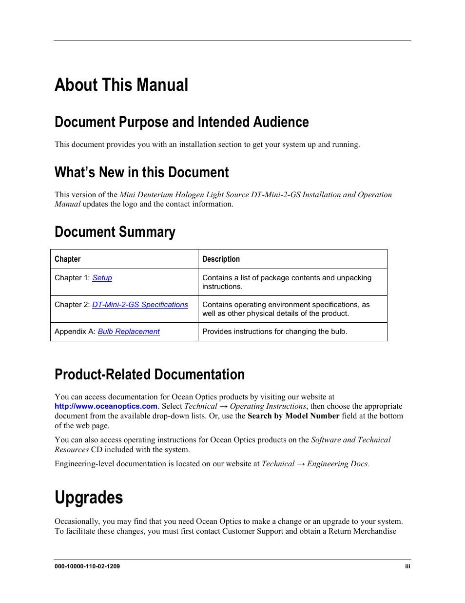 About this manual, Upgrades, Document purpose and intended audience | What’s new in this document, Document summary, Product-related documentation | Ocean Optics DT-Mini-2-GS User Manual | Page 7 / 18