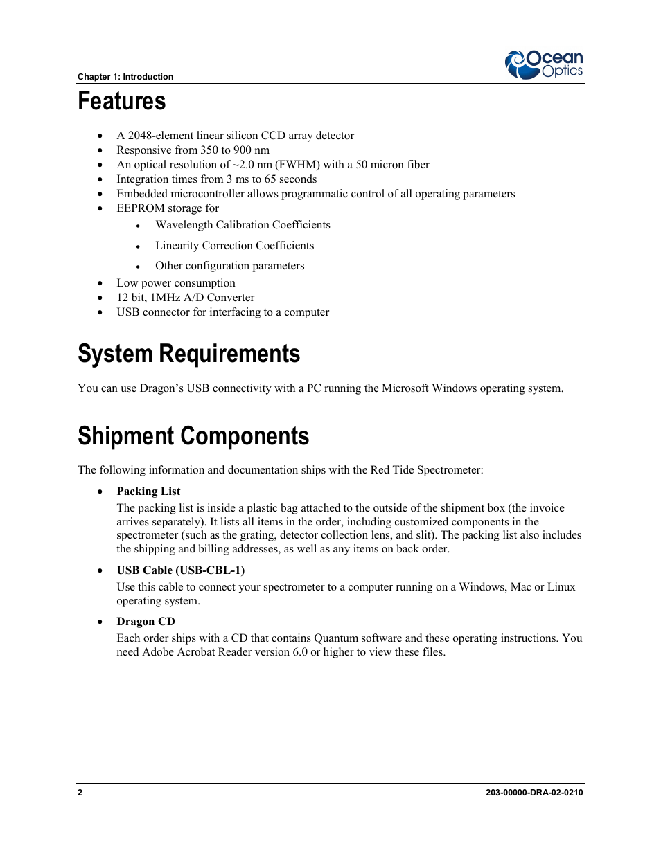 Features system requirements shipment components, Features, System requirements | Shipment components | Ocean Optics Dragon User Manual | Page 8 / 38