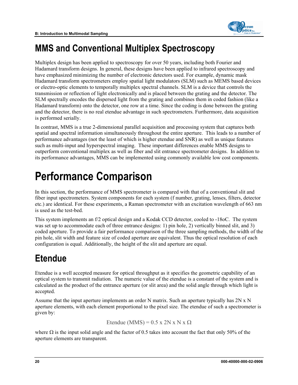 Mms and conventional multiplex spectroscopy, Performance comparison, Etendue | Every | Ocean Optics MMS Raman User Manual | Page 22 / 30