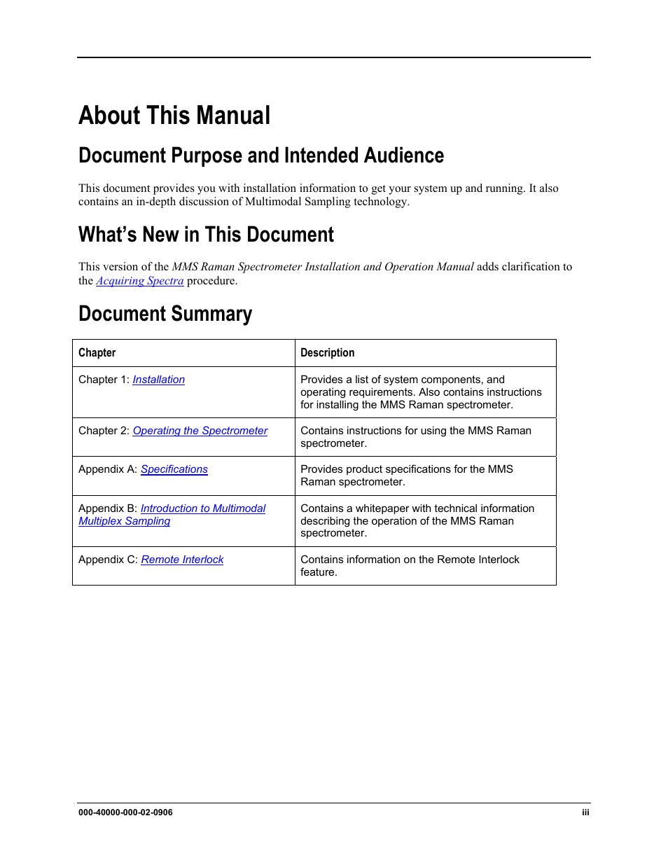 About this manual, Document purpose and intended audience, What’s new in this document | Document summary | Ocean Optics MMS Raman User Manual | Page 5 / 30